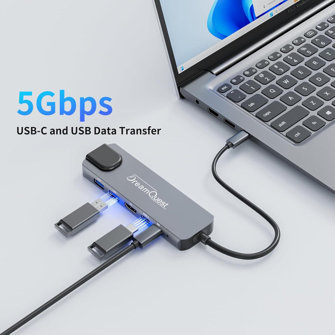 DreamQuest USB-C Hub 6-in-1 Docking Station mit 1000Mbps Netzwerkkarte,4K HDMI Port,PD 100W,USB 3.2
