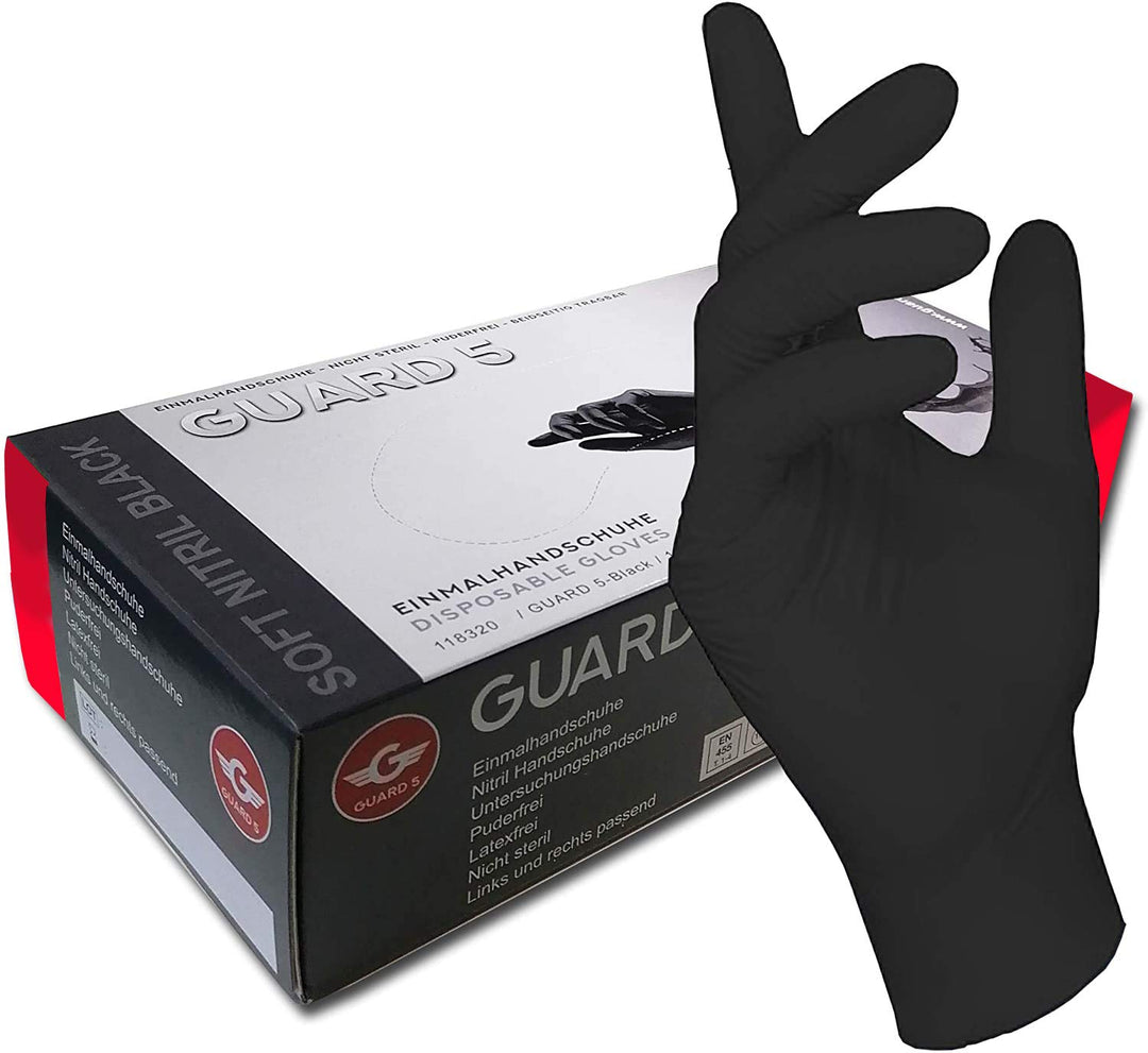 200 Stck - Einweghandschuhe von GUARD 5 - Schwarze Nitril-Handschuhe puderfreie Tätowierhandschuhe K