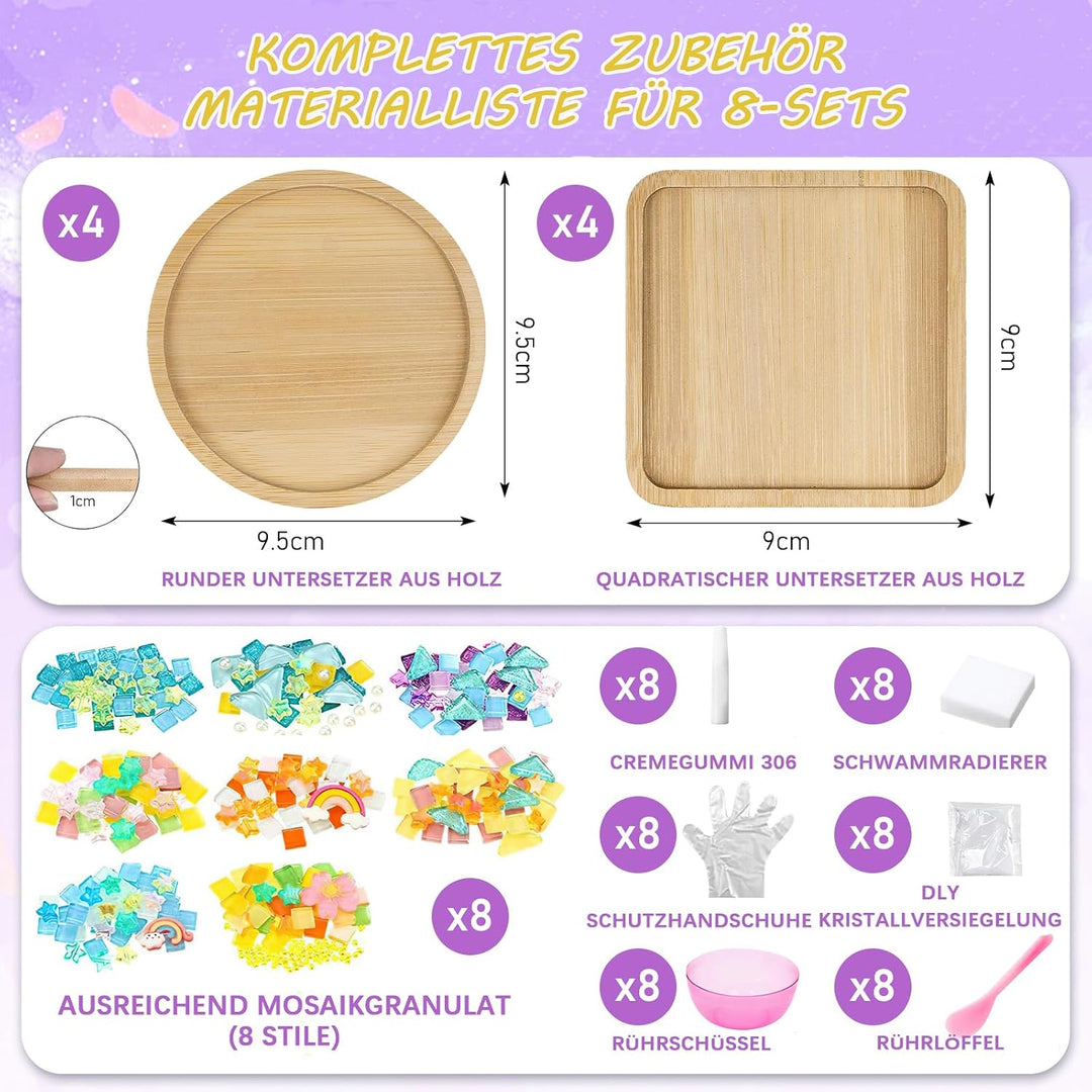 8 Stück Mosaik Untersetzer Bastelsets Set, DIY Holz Untersetzer für Kinder | DIY-Set mit farbigen Mo