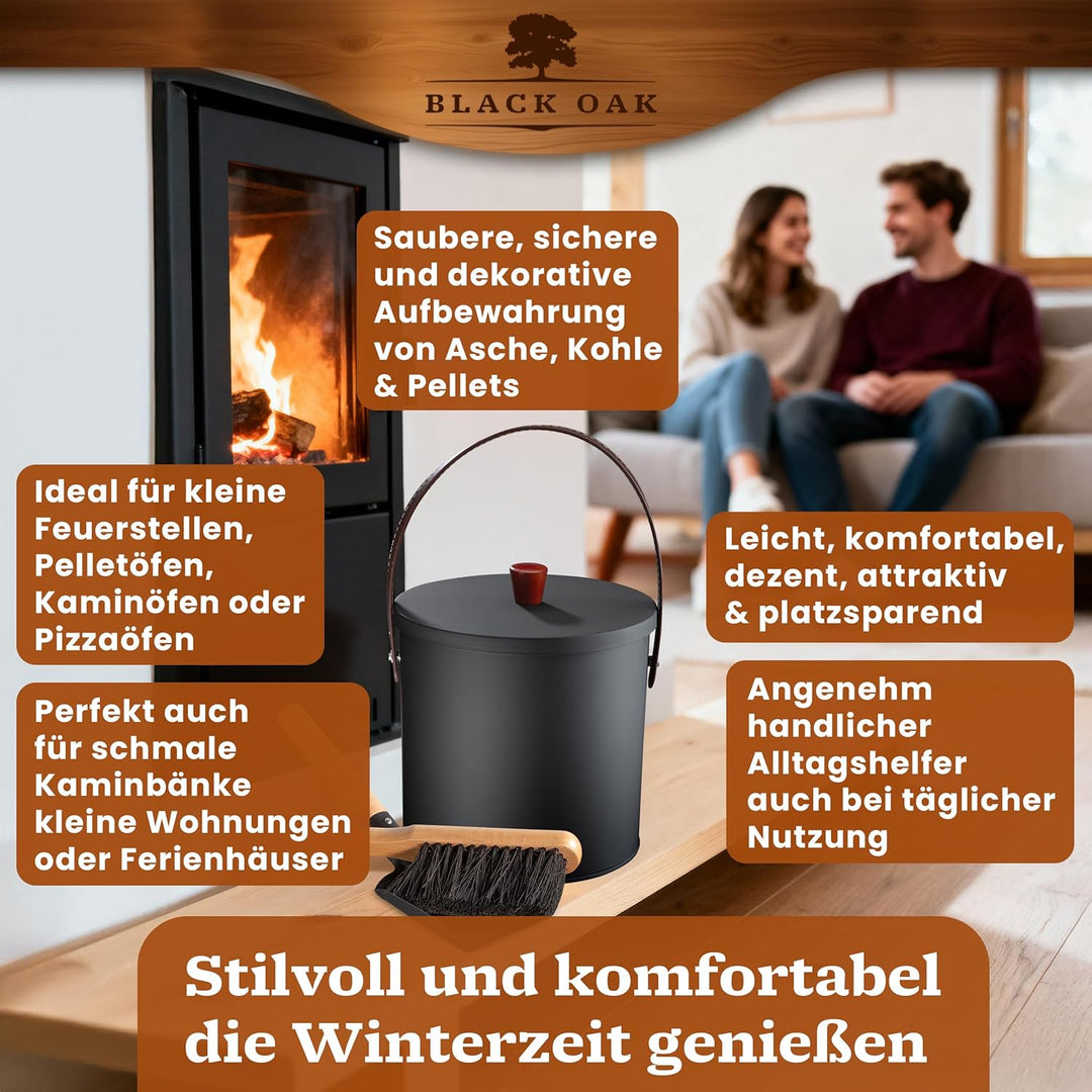 BLACK OAK Ascheeimer TOBA 5L - schwarz mit Deckel mit Holzknauf + Feger + Schaufel & Handschuhen - 5