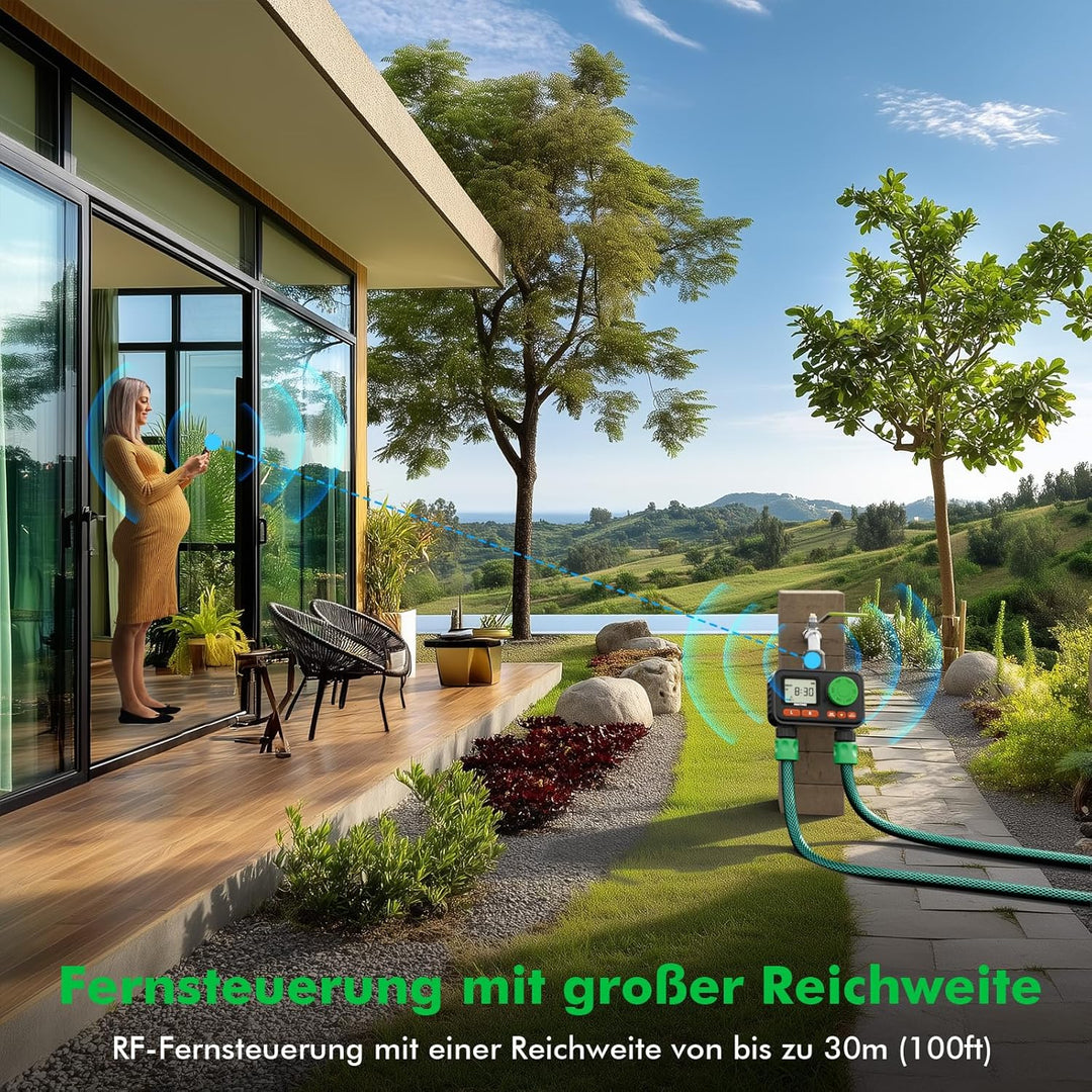 RESTMO RF-Fernbedienbarer Bewässerungscomputer, Wasserzeitschaltuhr für Aussenwasserhahn, automatisc