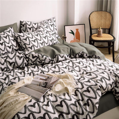Freyamy Bettwäsche 135x200cm 2teilig Schwarz Weiss Herz Bettwaren-Sets Gebürstet Microfaser Weiche W
