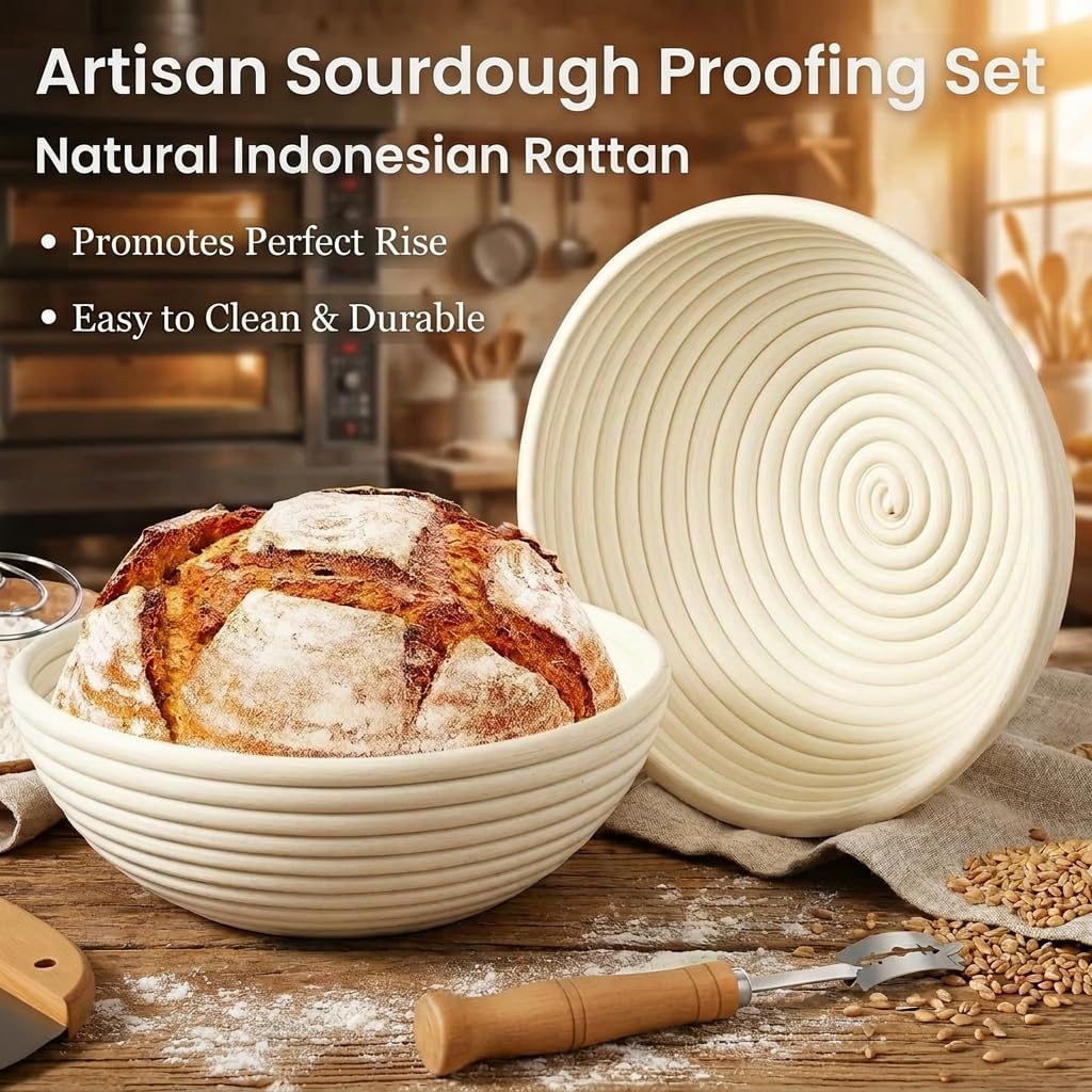 Kobete Gärkörbchen Rund Set, 2 x 23cm Runde Brotkörbchen | Gärkorb Rund zum Brotbacken aus Natürlich