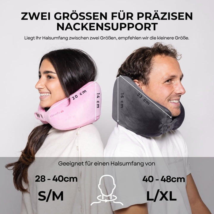 CLOUDS Nackenkissen Flugzeug & Auto – Einstellbares Memory Foam Reisekissen in 2 Grössen für Erwachs