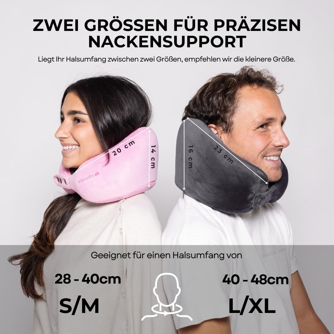 CLOUDS Nackenkissen Flugzeug & Auto – Einstellbares Memory Foam Reisekissen in 2 Grössen für Erwachs