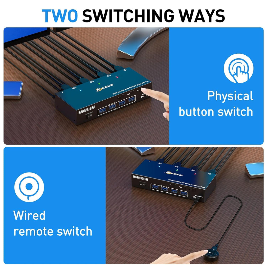 KVM Switch 2 Monitore 3 PC HDMI, KCEVE 4K@60Hz Dual Monitor USB 3.0 KVM Umschalter mit EDID Emulator