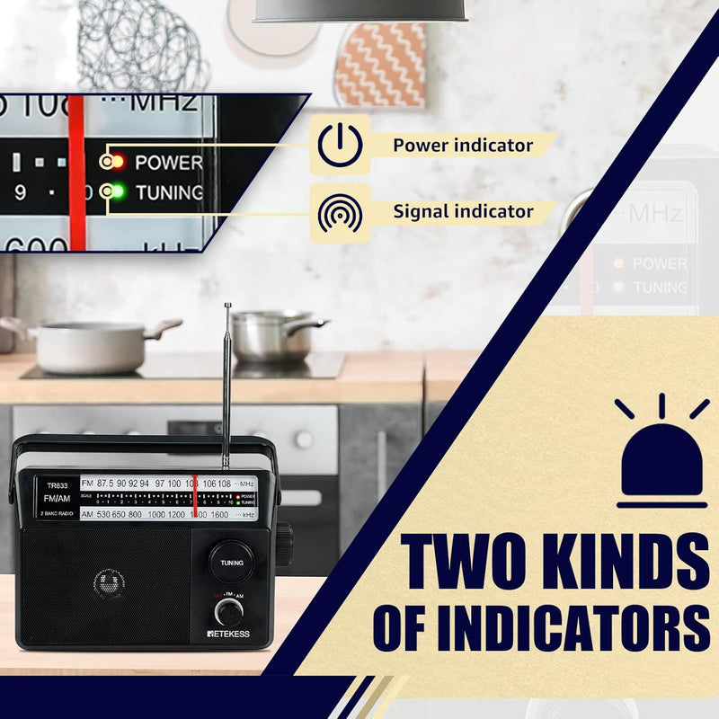 Retekess TR633 Tragbares Radio, AM FM -Radio -Netze und Batterie, Transistor, Kopfhörerbuchse, gross