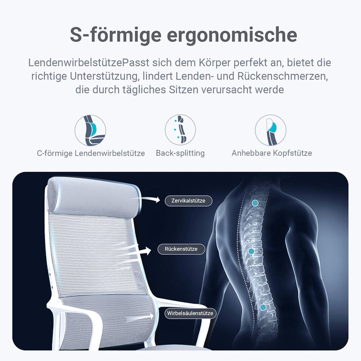 MELOKEA Bürostuhl ergonomisch, Schreibtischstuhl mit Höhenverstellung, Bürostuhl 150kg Grau