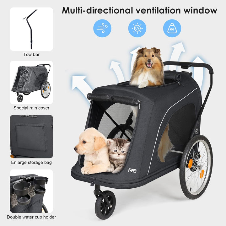 Beberoad 2-in-1 Hunde Fahrradanhänger & Buggy, Klappbar für Tiere bis 45kg, R8 (Schwarz) R8 Schwarz,