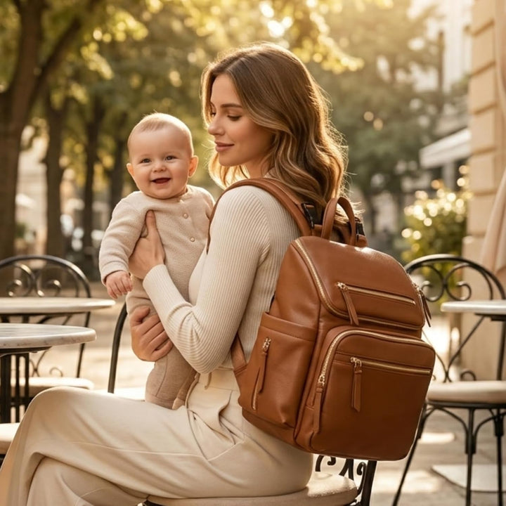 Omanmoli Wickeltasche, Rucksack, Baby-Wickeltasche, Leder, mit 17 Wickeltaschen Kunstleder-congac, K