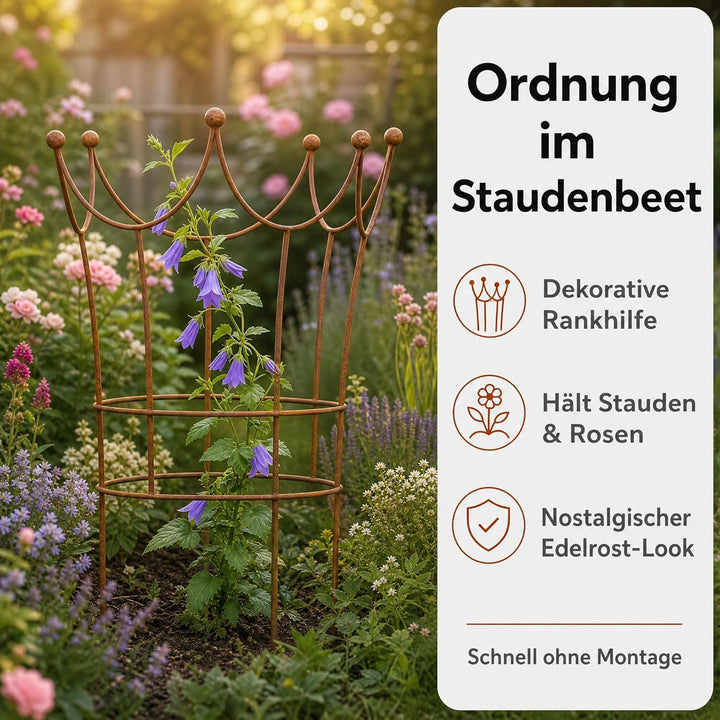 Edelrost Krone Staudenstütze, dekorative Pflanzenstütze aus Metall, nostalgisches Design, wetterfest