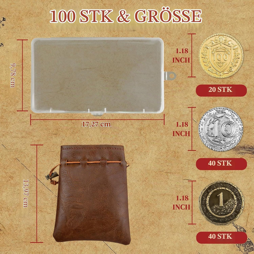 Byhoo 100 PCS Metall DND Münzen, 1,2“ Gold Silber Kupfer Token mit Nennwert für Brettspiel und Table