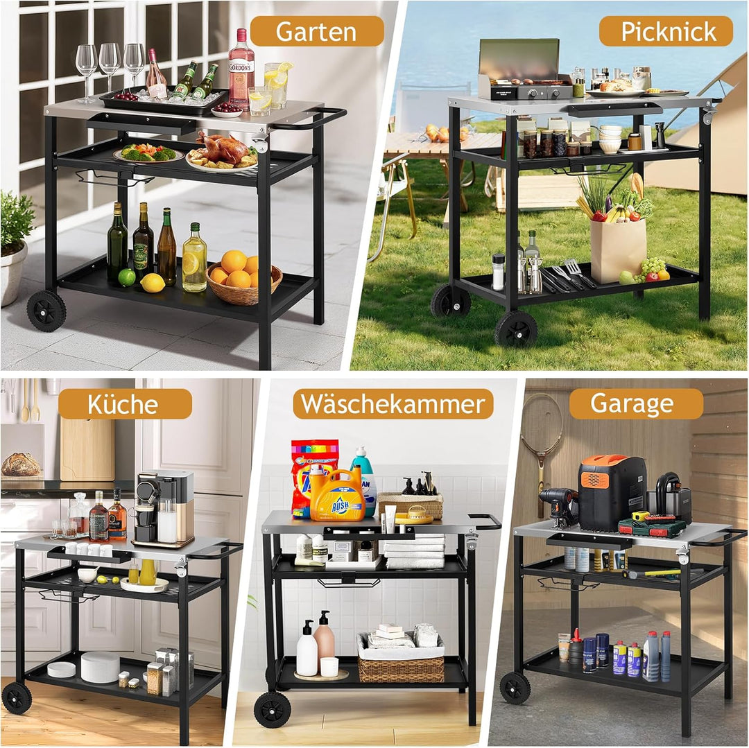 LEADZM Grillwagen - Grilltisch Outdoor, 97 x 51x 83 cm, Schreibtisch aus Edelstahl Silber,Mit Rädern