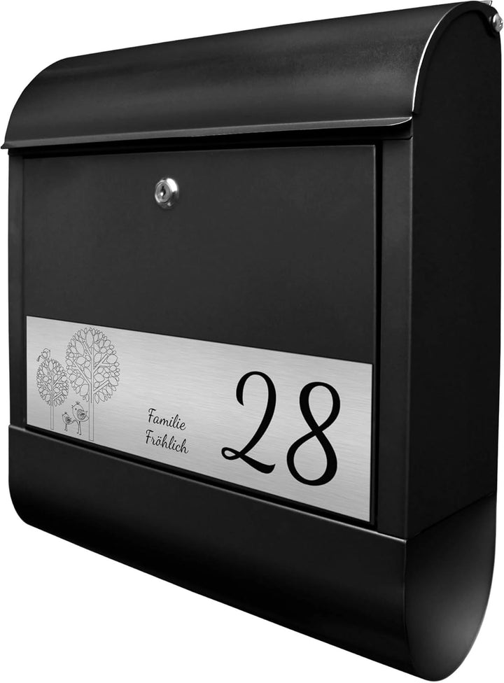 banjado® Briefkasten personalisiert mit graviertem Namensschild in Silber/Briefkasten schwarz 39x47x