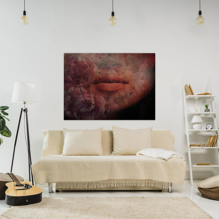 wandmotiv24 Lippen Motiv als Leinwandbild, 40x30cm, Querformat, Frauen Lippen, Blumen, Beton, Effekt