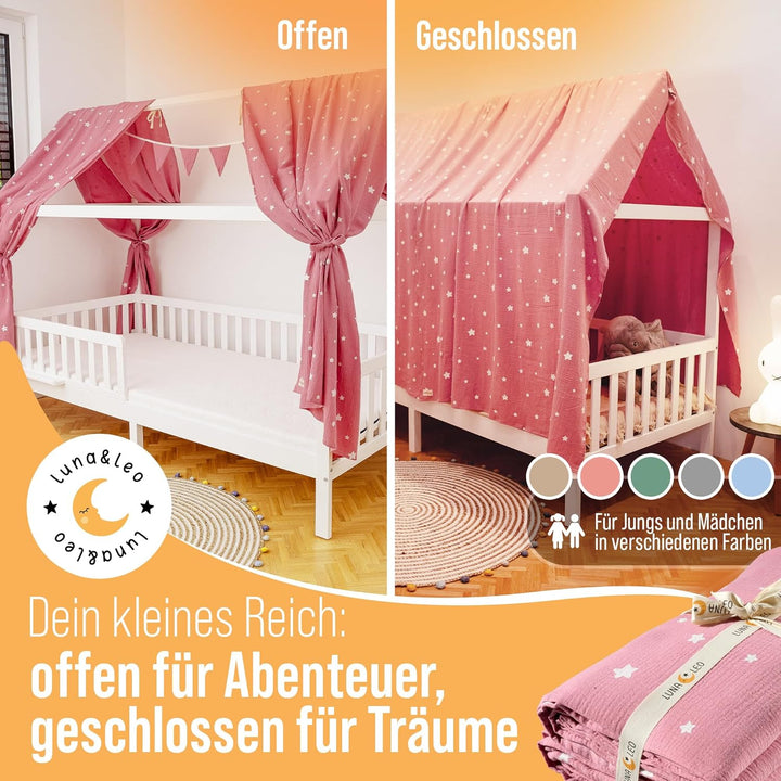 Luna & Leo Hausbett Himmel - mit Sternendruck [Bio Musselin Baumwolle] Handmade | Himmelbett Vorhäng