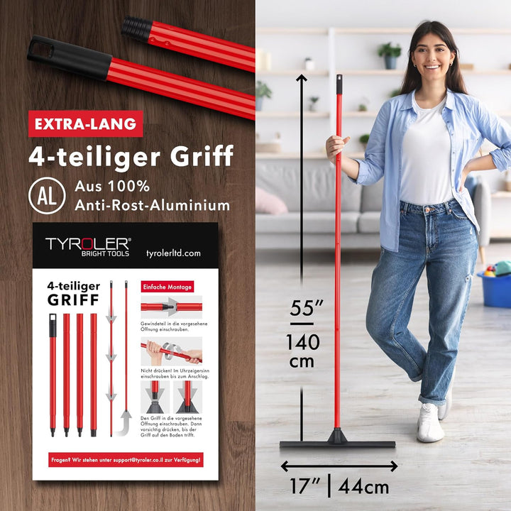 Tyroler Double-Blade Floor Squeegee 43CM - Silicone or Rubber Head, 140CM 4-Part Steel Handle - Vers