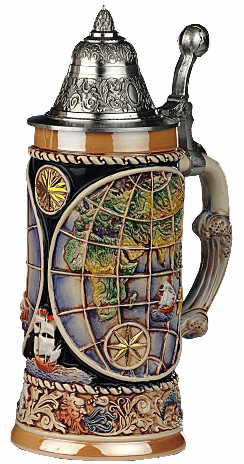 Bierkrug Weltkugel-Seidel, die Vier Elemente am Fuss, Spitzdeckel mit Globusdaumenruhe 0,5 Liter Bie