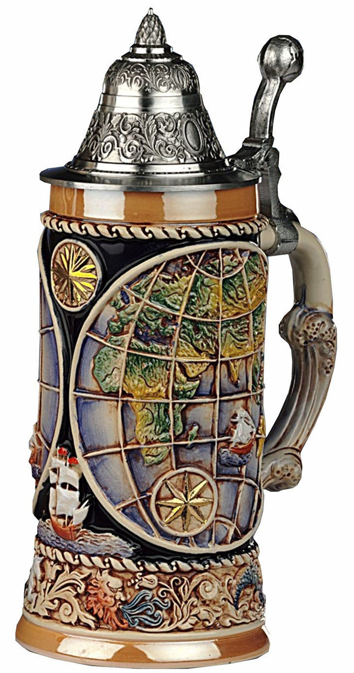 Bierkrug Weltkugel-Seidel, die Vier Elemente am Fuss, Spitzdeckel mit Globusdaumenruhe 0,5 Liter Bie