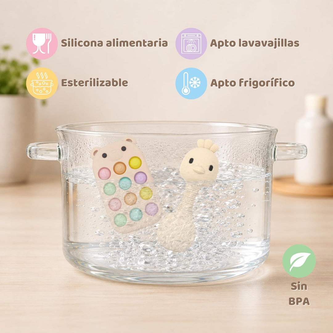 MuyPetit Rassel Giraffe und Beissring für Babys (Beiges Küken), Beiges Küken