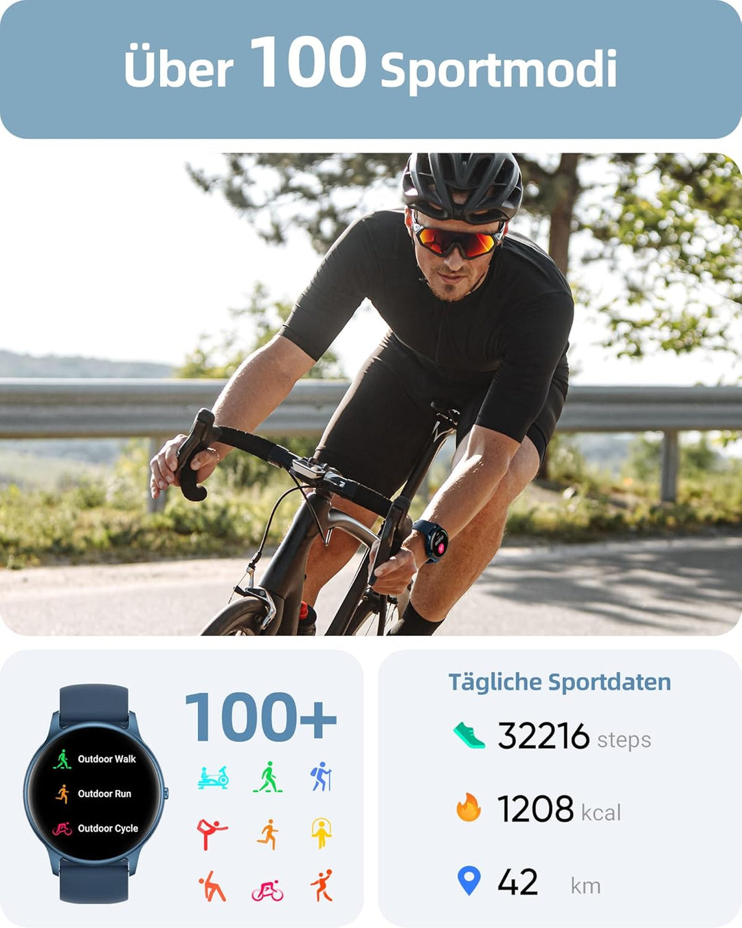 Parsonver Smartwatch Herren Rund mit Telefonfunktion, Fitnessuhr Damen Herren mit 100+ Sportmodi, He