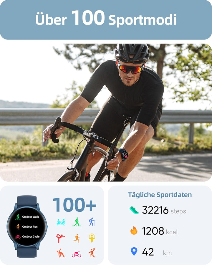 Parsonver Smartwatch Herren Rund mit Telefonfunktion, Fitnessuhr Damen Herren mit 100+ Sportmodi, He