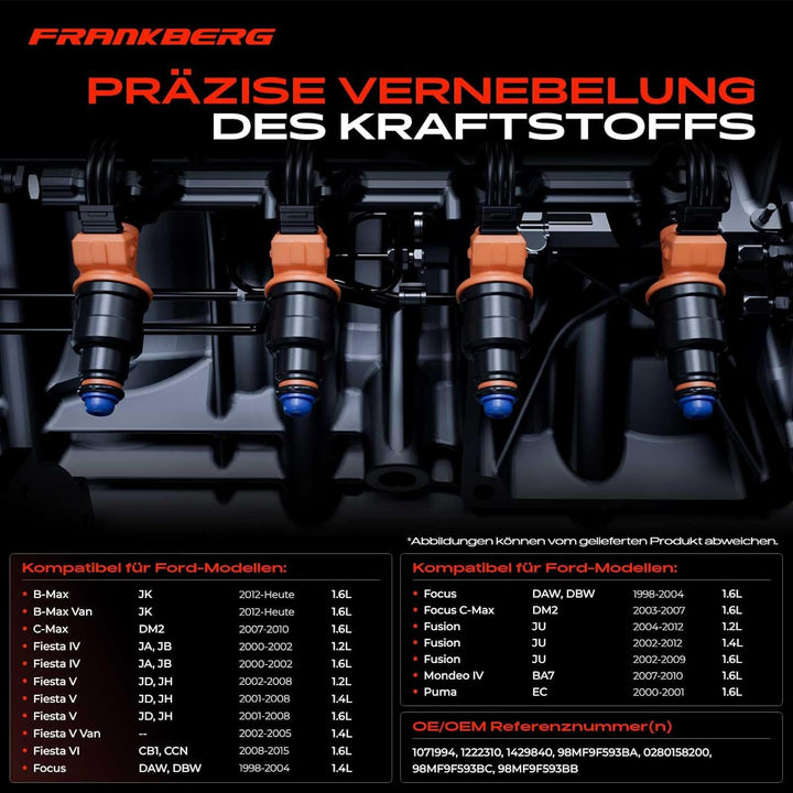 Frankberg 4x Einspritzventil Einspritzdüse Injektor Kompatibel mit C-Max DM2 1.6L 2007-2010 Focus II