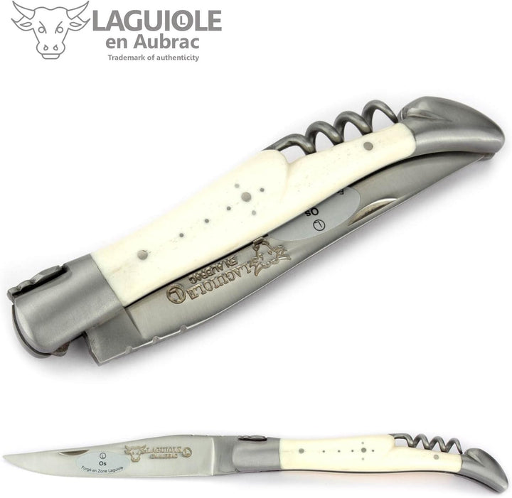 Laguiole en Aubrac Taschenmesser Korkenzieher 12 cm Griff Knochen L0312OSIF, Messer Klinge matt, Bac