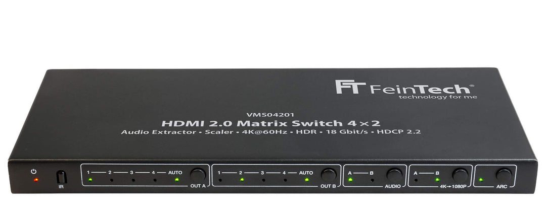 FeinTech VMS04201 HDMI Matrix Switch 4x2 mit Audio Extractor Scaler Ultra-HD 4K 60Hz HDR 2x4, mit AR