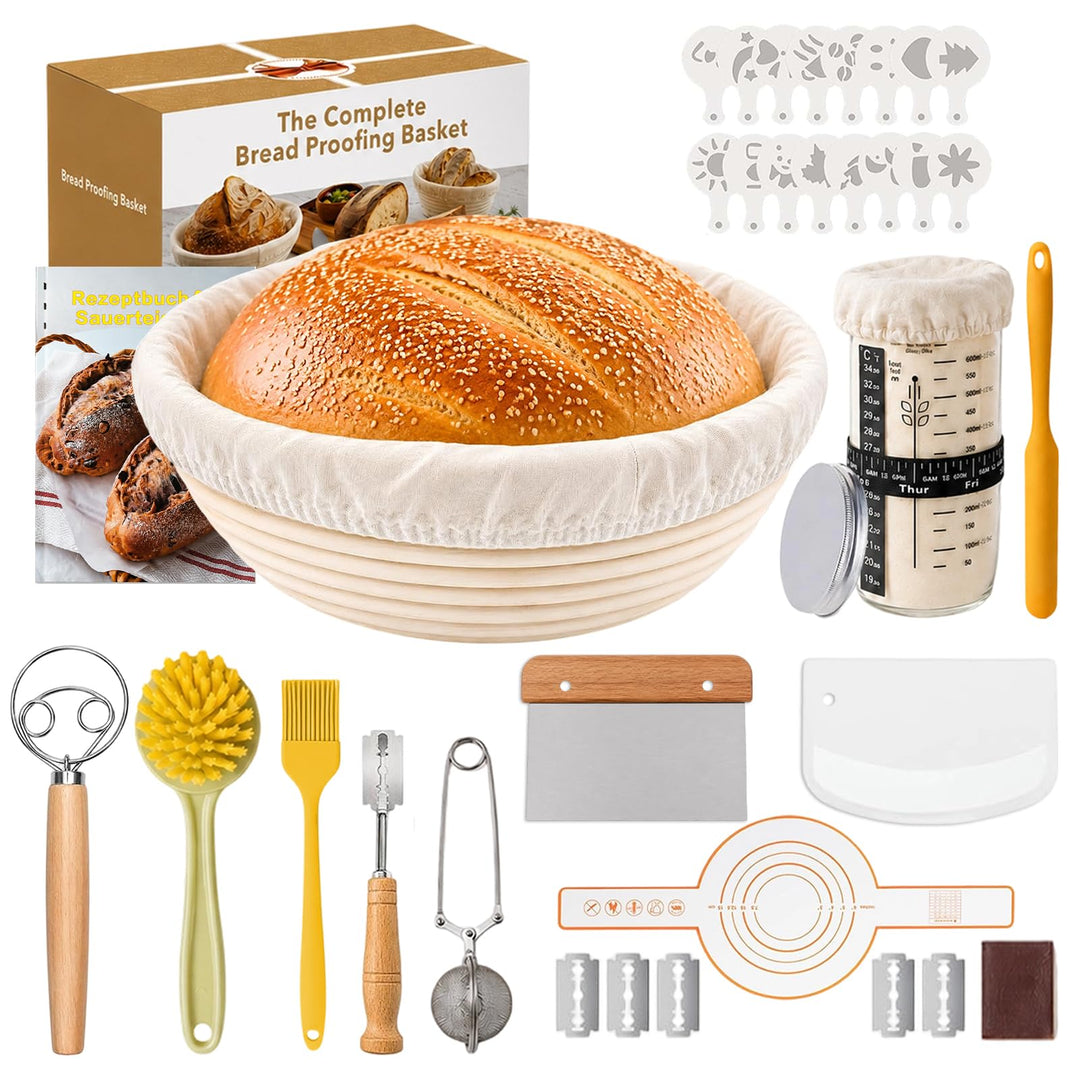 10-teilig Sauerteig Starter Set, geeignet für Anfänger und erfahrene Bäcker | Brot Gärkorb, Rattan R