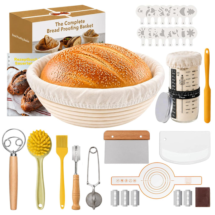 10-teilig Sauerteig Starter Set, geeignet für Anfänger und erfahrene Bäcker | Brot Gärkorb, Rattan R