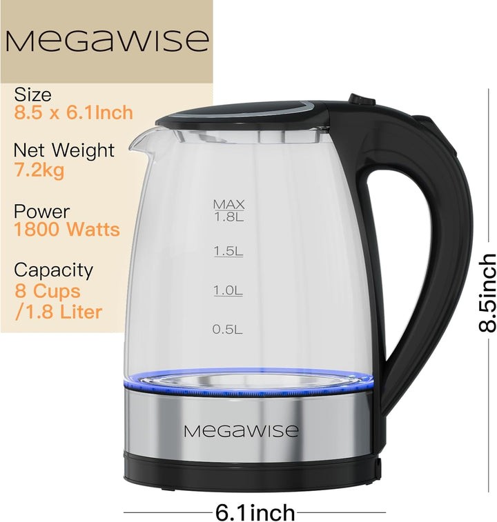 MEGAWISE 1.8L gesunder elektrischer Wasserkocher, 1000W Borosilikatglas Teekessel mit Lebensmittelqu
