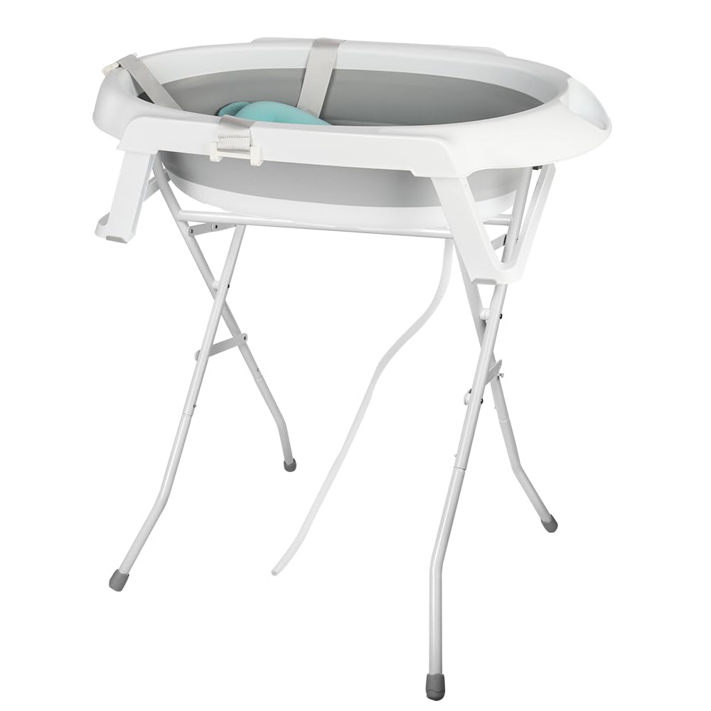 Faltbare Babybadewanne XXL mit Ständer, Kissen und Entwässerungssystem, 0-3 Jahre, 2-in-1 Babybadewa
