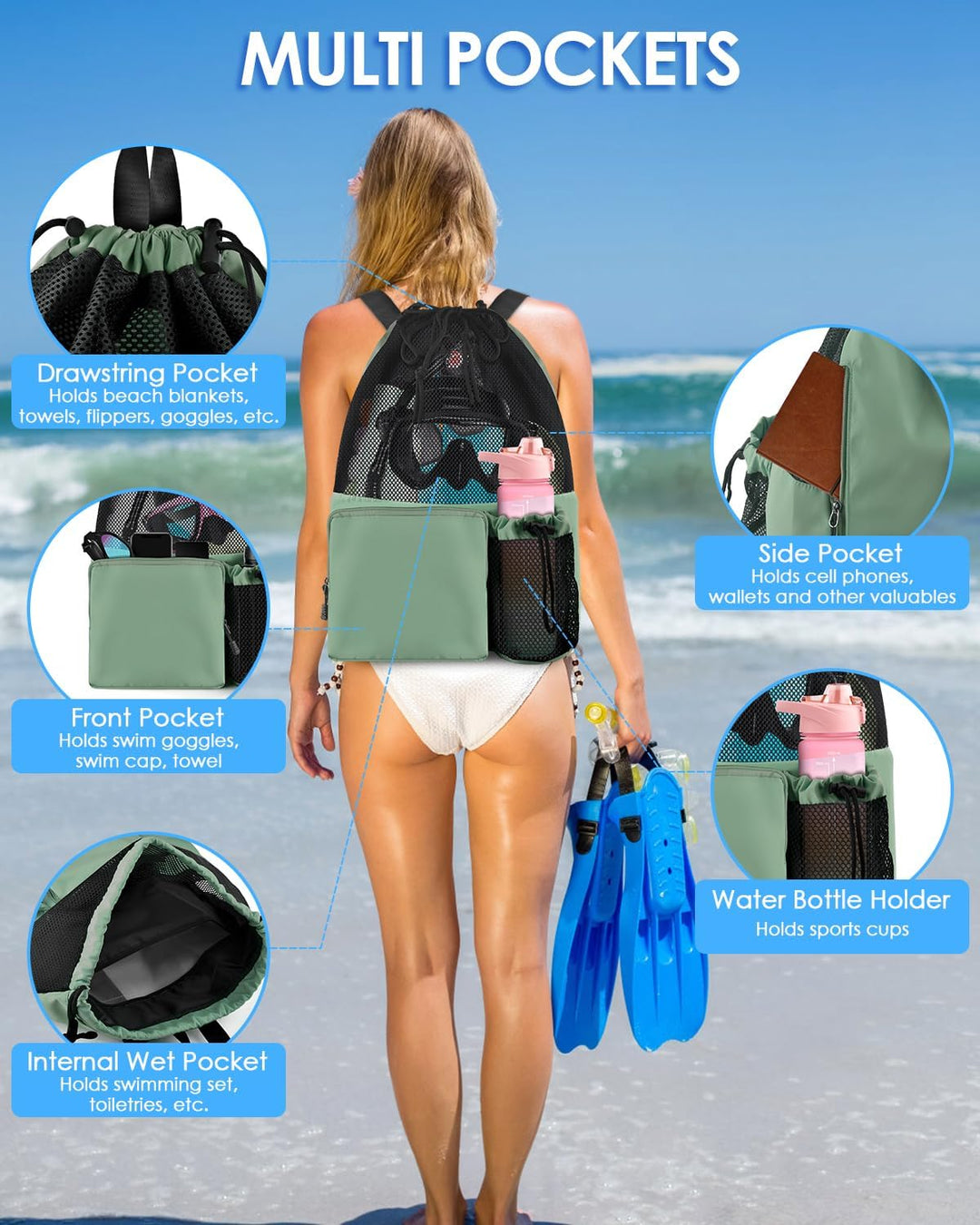 BROTOU Schwimmen Tasche, Schwimmtasche Mesh-Rucksack mit Kordelzug, Strandrucksack Turnbeutel Sportb