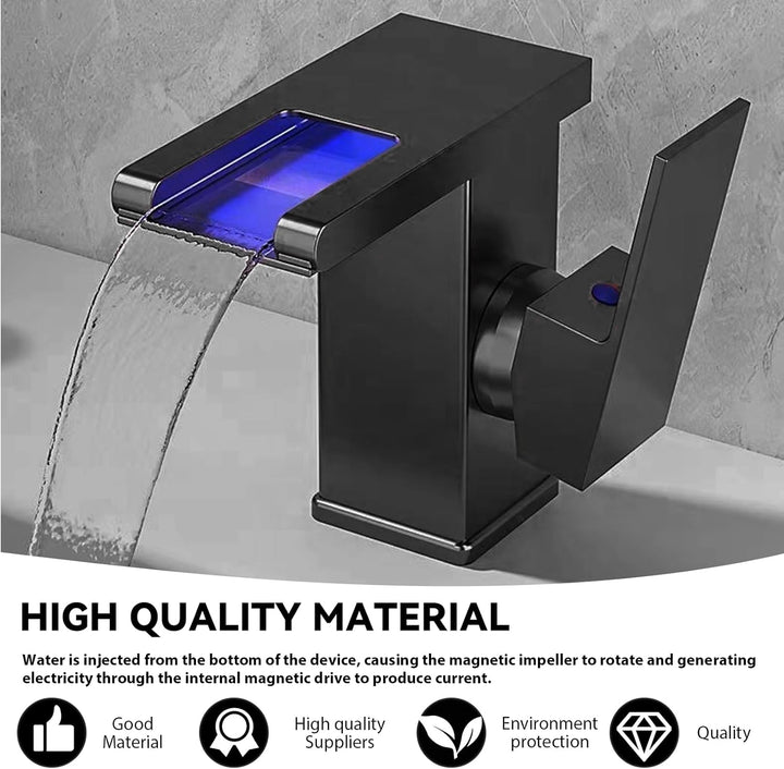 LED Lichter Bad Wasserhahn Schwarz, Wasserfall Armatur, 3 Farbe Waschbeckenarmatur, Warm- und Kaltwa