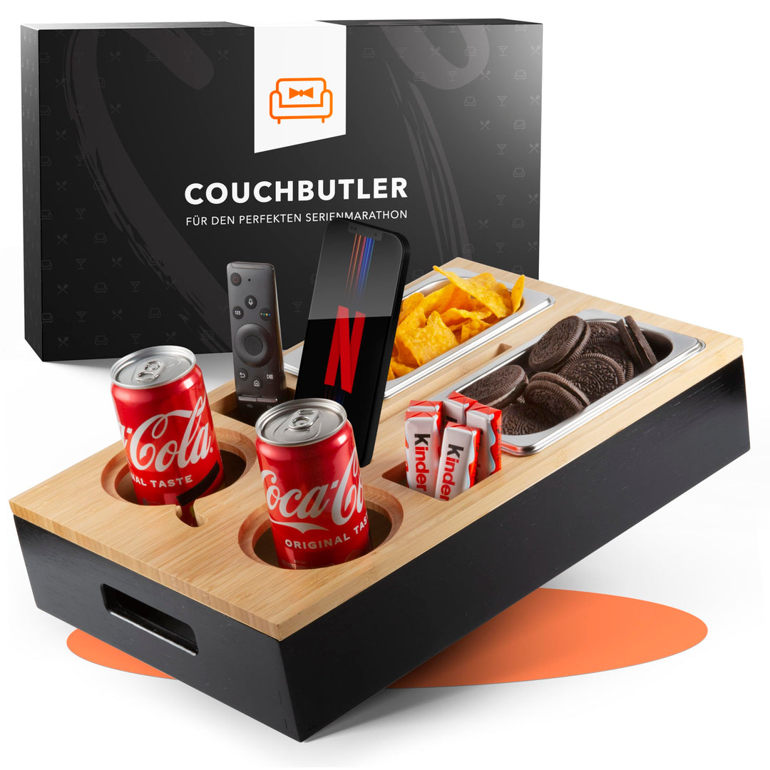 Couchbar Snackbox aus Bambus Personalisierbar inkl. Geschenkbox | Sofa Tablett mit 2 Snackschalen, 2
