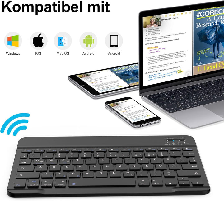 ZOYU Bluetooth Tastatur mit QWERTZ Layout für iPad Air, Pro, 10,2, 9,7, Mini, Tablets, PC, Windows,