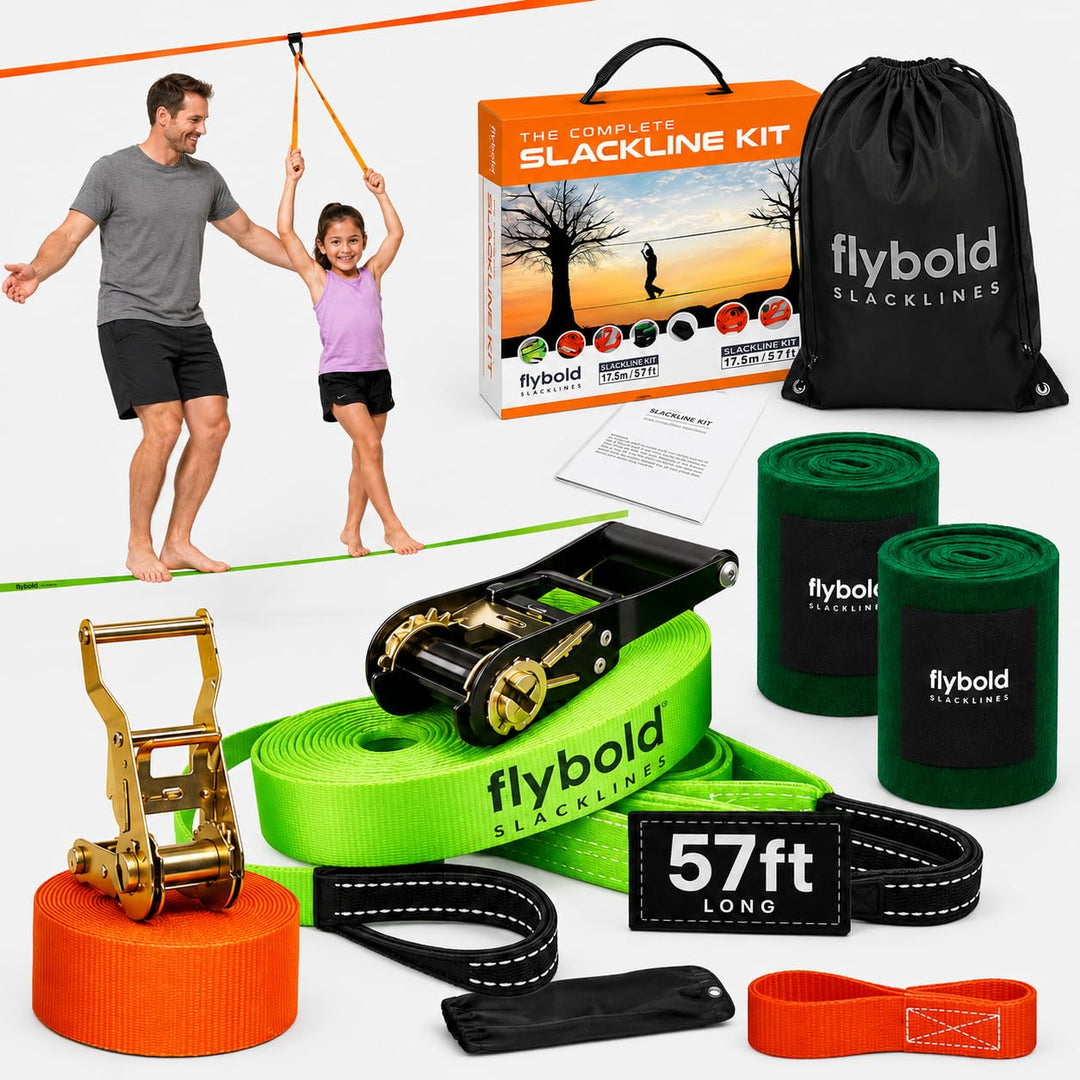 flybold Slackline Kit mit Trainingsleine Baumschutz Ratschenschutz Armtrainer 17,4 m einfache Einric