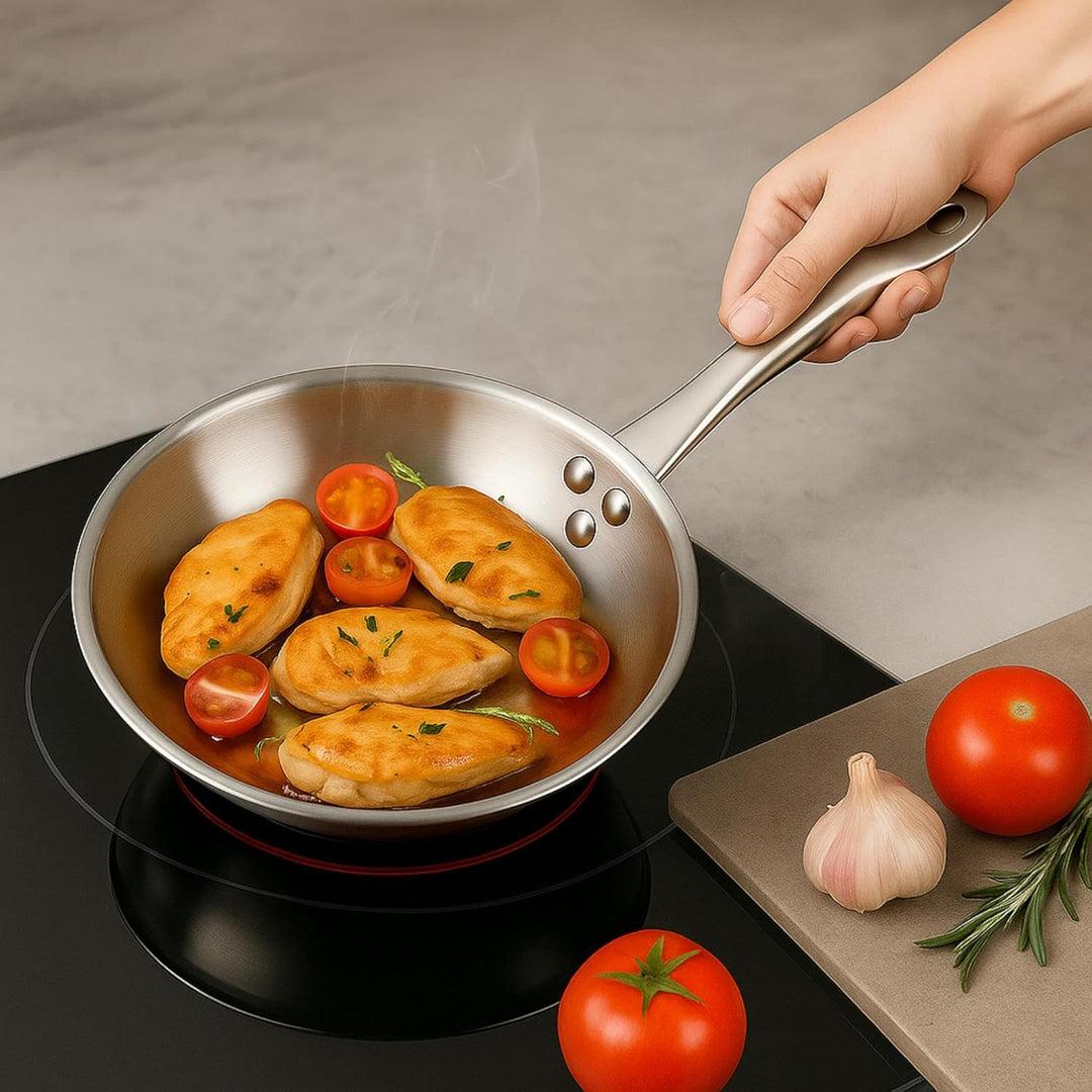 Set mit 3 Pfannen, Ø 20 x 22 x 24 cm, aus Edelstahl, induktionsgeeignet, ohne Antihaftbeschichtung