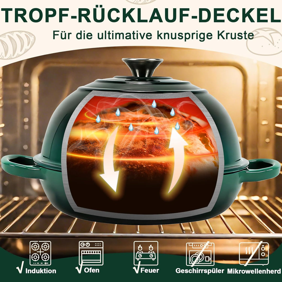 Gusseisen Topf Brot Backen,5,7L Bräter Emaille Schmortopf mit Deckel und Griffen,26 cm Dutch Oven,Br