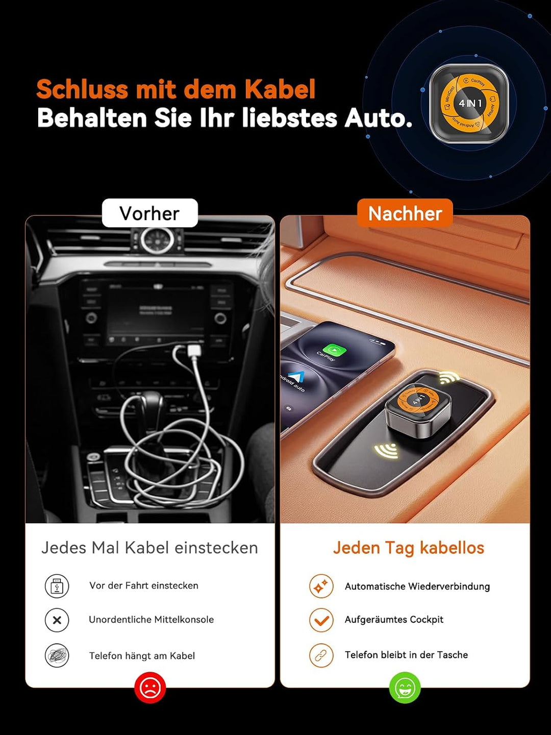4-in-1 Wireless CarPlay Adapter für Apple CarPlay & Android Auto, AirPlay & MirrorLink Bildschirmspi