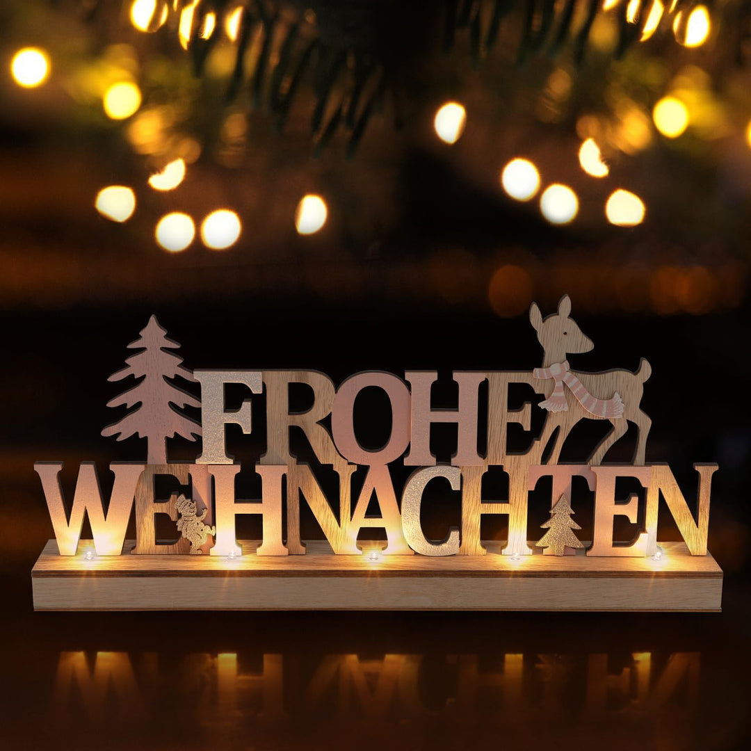 com-four® LED Deko Aufsteller aus Holz - beleuchteter Schriftzug auf Holzsockel - Deko-Schriftzug zu