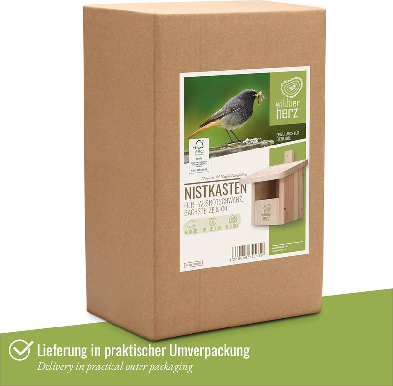 wildtier herz I Vogel Nistkasten Rotkehlchen, Rotschwänzchen aus Massiv-Holz - Verschraubt, Nistkäst