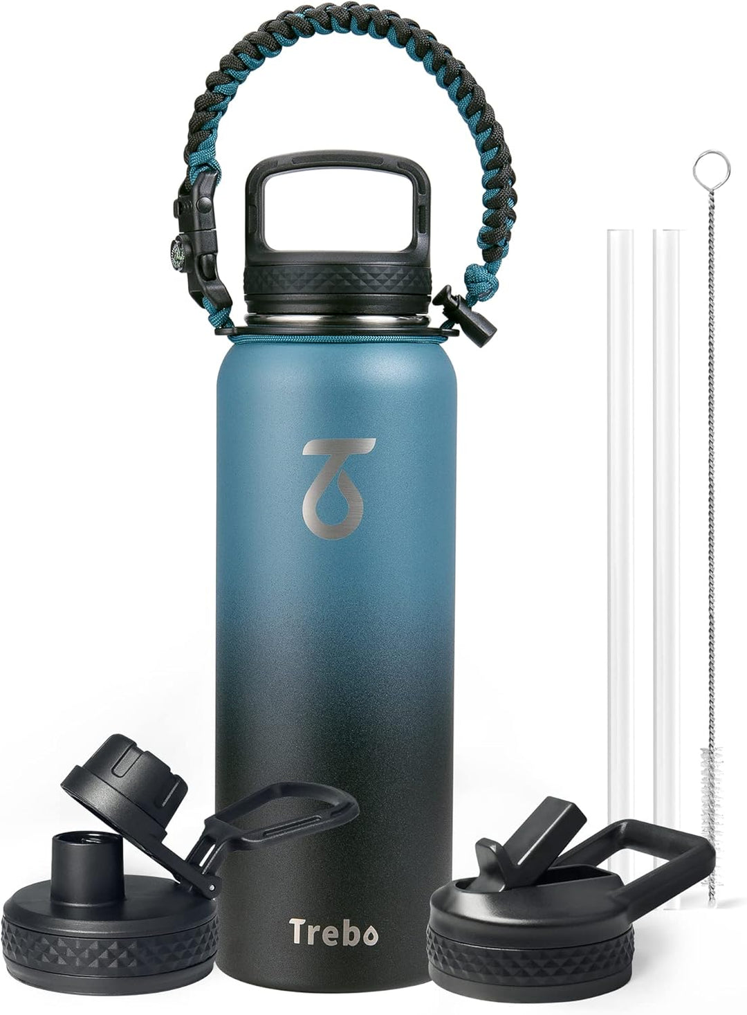 Trebo Isolierte Wasserflasche mit Paracord-Griff, lebensmittelecht, doppelwandig, vakuumiert, Edelst