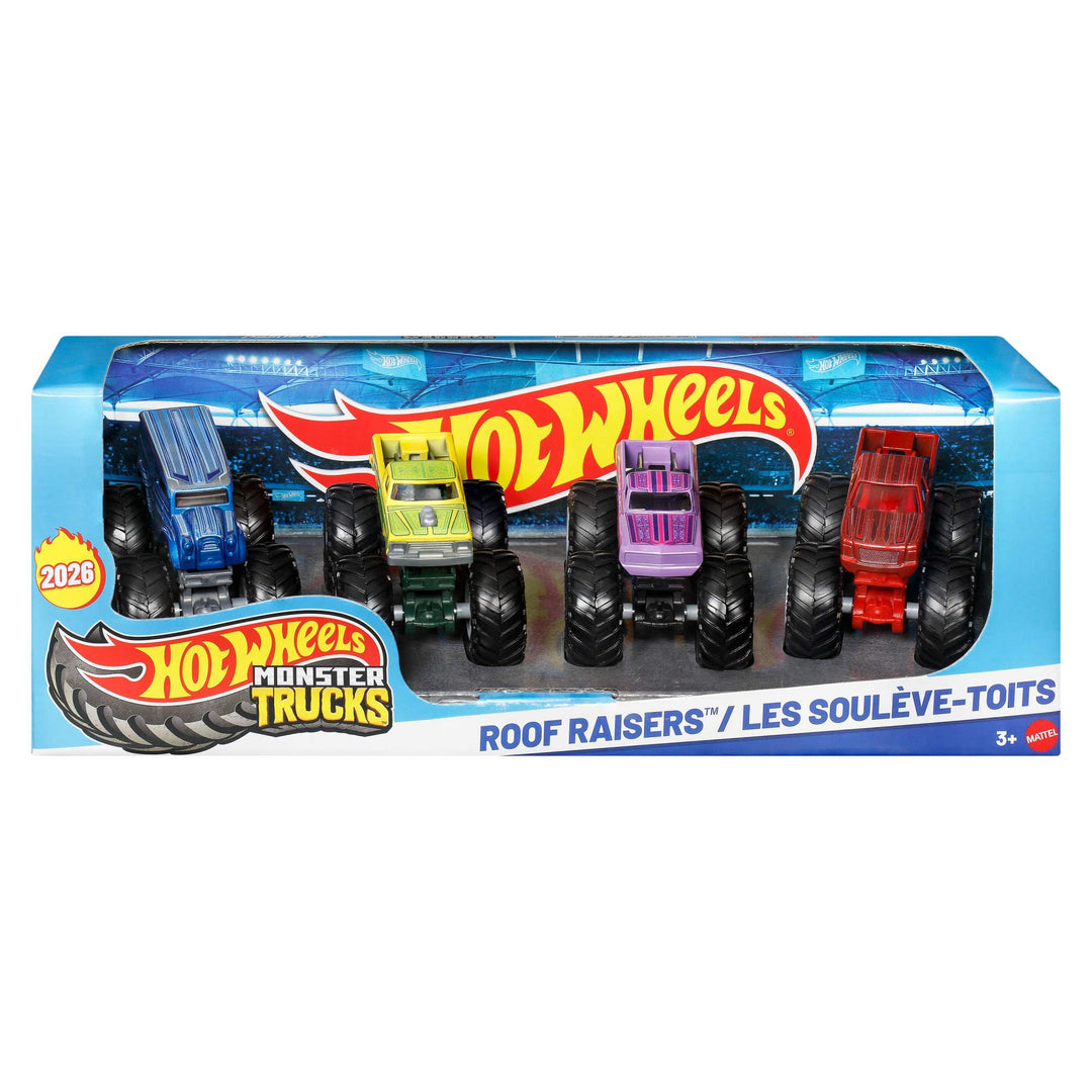 Hot Wheels Monster Trucks 4er-Pack, Set aus 4 Spielzeugfahrzeugen im Massstab 1:64 mit riesigen Räde