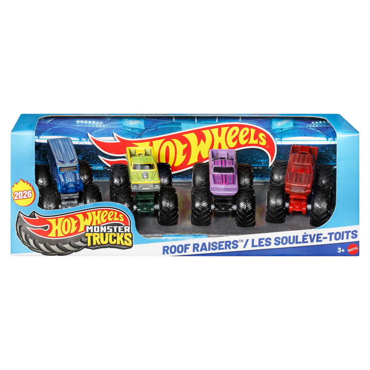 Hot Wheels Monster Trucks 4er-Pack, Set aus 4 Spielzeugfahrzeugen im Massstab 1:64 mit riesigen Räde