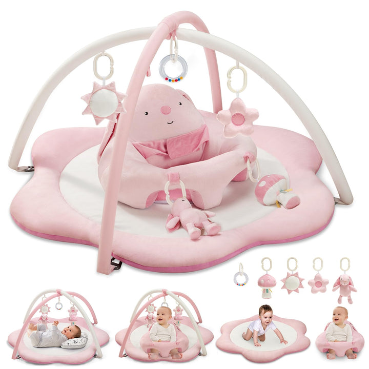 3-in-1 Baby Spielmatte mit Sitzhilfe – Blumenförmige Krabbelmatte &amp; Baby Gym mit 5 Abnehmbaren Spiel