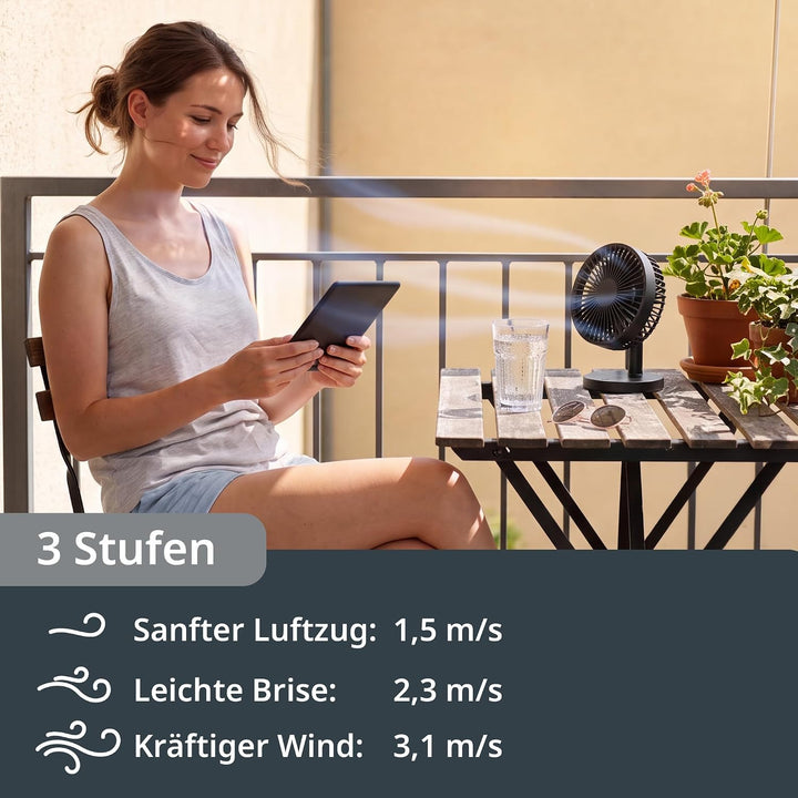ADE Ventilator sehr leise | USB Tischventilator 3 Stufen | Akku bis 7,5 h Laufzeit | 2.000 mAh | 180