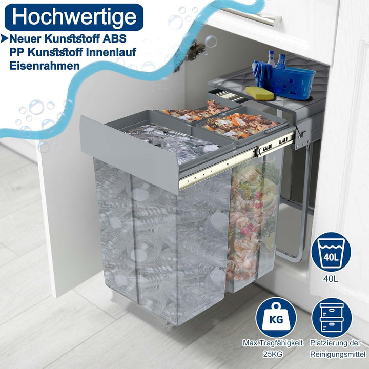 VA-Cerulean 3 Fächer Einbaumülleimer System 2x10+20 Liter, Abfallsammler Ausziehbarer Mülleimer mit