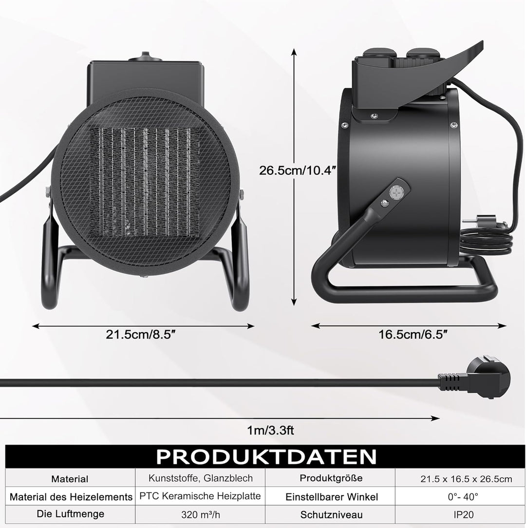 XMTECH Keramik Heizlüfter Elektroheizer inkl.2 Heizstufen (1500W/3000 W), PTC-Keramik Heizelement, E